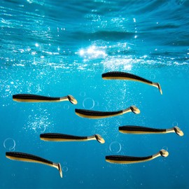 TIXIPEM 2.95" T-Tail Soft Fishing Lures [30-Pack] - Paddle Tail Swim Bait for Bass Trout in Saltwater & Freshwater - Rigged with 1/0 & 2/0 Hooks - Dark Gold & Durable ABS Plastic