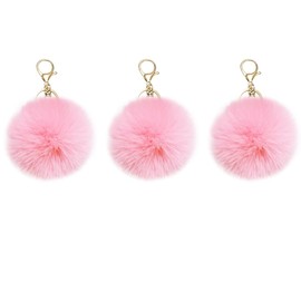 jtkdxqs 3 Pieces Pom Pom Keychain Soft Artificial Rabbit Fur Plush Fluffy Ball Key Ring for Women,pink