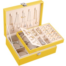 Voova Jewelry Box Organizer for Women Girls, 2 Layer Large Men Jewelry Storage Case, PU Leather Display Jewellery Holder with Removable Tray for Necklace Earrings Rings Bracelets, Vintage Gift, Yellow