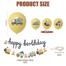 1 Piece Construction Vehicle Birthday Pull Flag, 9 Pieces Balloons With 1 Roll Of Ribbon, Decoration For Children'S Birthday, Car Decoration, Excavator Decoration, Birthday Background Banner