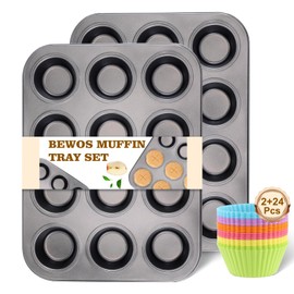 BEWOS 2 PCS Non-Stick 12 Cup Muffin Pan, Carbon Steel Mini Muffin Pan with 24 Reusable Silicone Silicone Molds, Dishwasher Safe & Easy Clean Muffin Tin, Baking Moulds for Muffins or Cupcake（Grey）