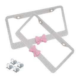 AUCELI Bling License Plate Frame, 2 Pack Stainless Steel Crystal Bow Car Plate Covers, US Vehicle License Bracket Holder with Rhinestone Mounting Bolts, Sparkly Car Accessories for Women (White/Pink)