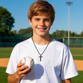 WINFY Baseball Cross Necklace for Boys Men Inspirational Christian Bible Verse Cross Pendant Stainless Steel Chain 20+2 inch Baseball Jewelry Religious Gift for Men(Black-19：26)