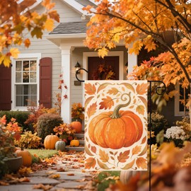 Fall Garden Flag 12x18 Inch Burnt Orange Pumpkin Autumn Leaves Harvest Thanksgiving Day Yard Flags for Outside Holiday Theme Decor Seasonal Outdoor Farmhouse Porch Decoration