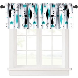 JESTRONRY Mid Century Style Valance Curtain,Black Cat Modern Abstract Geometric Blue Pattern Design,Decorative Curtain Valance for Kitchen Bedroom Decor with Rod Pocket