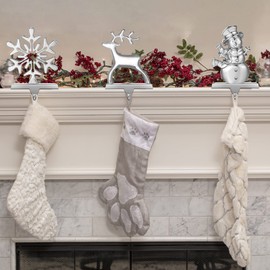 Jetec Set of 6 Christmas Stocking Holders for Mantle Silver Metal Snowflake Snowman Santa Reindeer Christmas Hooks Hangers for Mantel Fireplace Xmas Party and Home Decoration(Santa Claus)