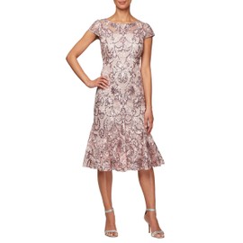 Alex Evenings Women's Tea Length Embroidered Cocktail Godets, Wedding Guest, Party Dress (Petite and Regular Sizes), Blossom, 12