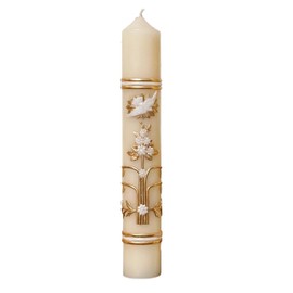 Velas Toscano - Vela de Bautizo Detalle en Cera para Niño y Niña Hermoso Espiritu Santo y Arbol Dorado con Flores para Ceremonias (24.5 x 3.7cm) 250 gr
