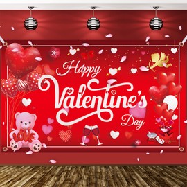 Large Happy Valentines Day Backdrop Banner 43 x 73 Inch Red and Pink Heart Balloons Romantic Love Background for Marriage Decorations Photography Background Anniversary Party Supplies Decor