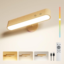 Rechargeable Wood Wall Sconce Indoor, LED Wall Light for Bedroom with Touch and Remote Control,360° Magnetic Rotate Wall Light,3 Colors Dimmable Brightness Wall Lamp with 15 RGB Colors,1 Pack