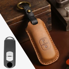 [Kinotaka] MAZDA Smart Key Case for Mazda Cars, Genuine Leather, CX3, CX7, CX8, CX9, RX8, MPV, Axela, Sport Atenza, Atenza Sedan, Atenza Wagon, New Demio 2 Button Leather Key Holder, Braun