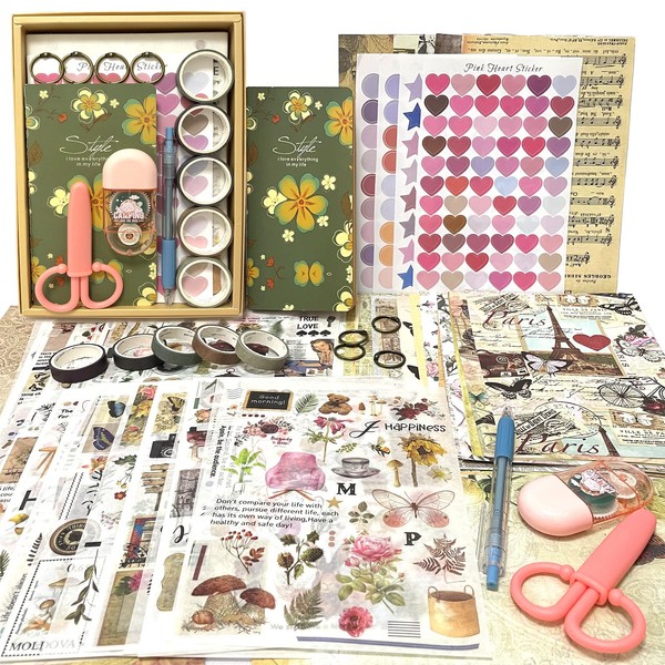 1826 Pieces Vintage Scrapbook Accessory Set Aesthetic Scrapbooking Stickers with A6 Notebook Washi Sticker Tape Decorative Bullet Journal Sticker Paper Accessories for Calendar Diary Album
