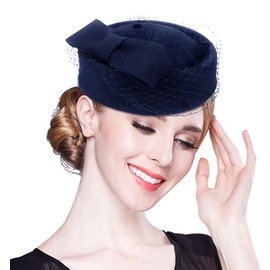 Z&X Winter Wool Fascinator British Pillbox Hat Women Wedding Church Derby Beret Hat Veil Bow Fedoras Navy Blue