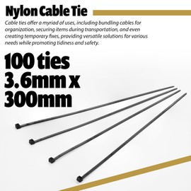 Wild Polar Premium Cable Ties - Clear/White & Black - Range of Sizes - 100 Pack Nylon Plastic Tie Wraps - Self Locking Small Zip Ties (Black, 300mm x 3.6mm 100 Pack)