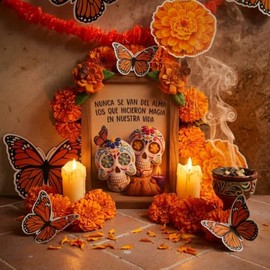 Set Decorativo Día de Muertos: Marco, Calaveritas y Velas LED