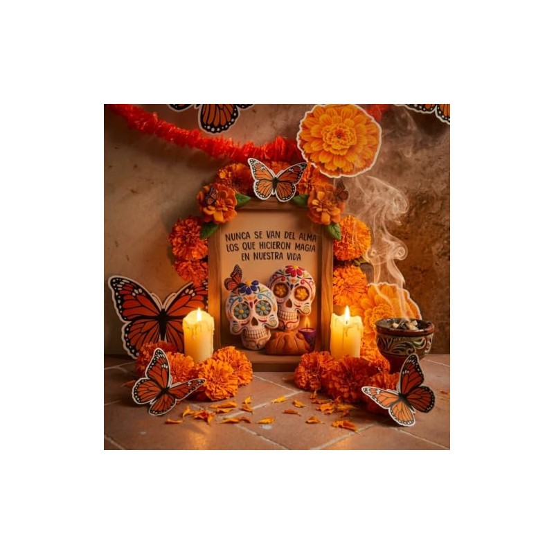 Set Decorativo Día de Muertos: Marco, Calaveritas y Velas LED