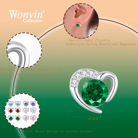 Heart Earrings for Women Girls 925 Silver Studs with Cubic Zirconia (Green)