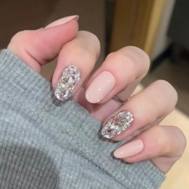 Hkanlre Almond Fake Nails Pink Tips Full Cover False Medium Nails Rhienstones Press on Nails for Women 24PCS