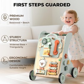 Wooden Montessori Push Walker | 10-in-1 Baby Activity Center, Toddler Sit-to-Stand Learning Toy, Early Educational Push & Pull Toy for 12M+, with Detachable Play Panel & Adjustable Speed