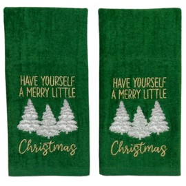 Holiday Christmas Bathroom Guest Hand Towels, 100% Cotton, Set of 2, 16 x 25 inches, Have Yourself a Merry Little Christmas Gold White on Green
