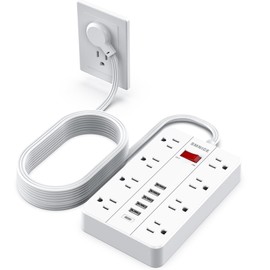 Flat Plug Extension Cord 15 Ft, SMNICE Surge Protector Power Strip with 8 Widely Spaced Outlets and 6 USB(1USB C) Ports, Wall Mount Long Charging Station for Dorm Home, Office Accessories, White