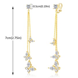 YOQUCOL Butterfly Long Drop Zircon Crystal Clip On Earrings For Women Dangle Non Pierced Ear Earrings Gold Plated