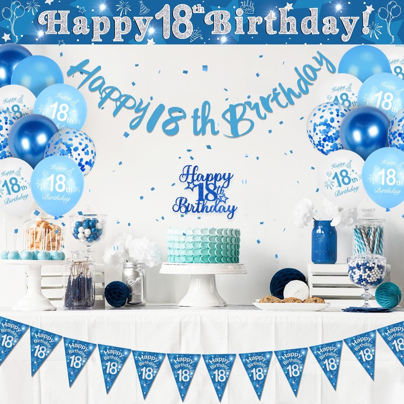 Decorazioni per 18° compleanno, palloncini blu per 18° compleanno, striscione