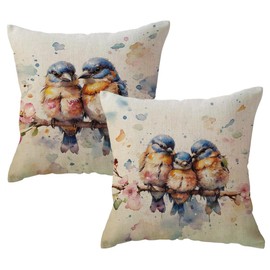 Watercolor Birds Flowers Decorative Pillowcases 2pack Spring Summer Patio Decor Cushion Cover Farmhouse Rustic Birds Floral Pillow Covers 18 x 18 Inches for Sofa Couch Porch (Blue/Orange)