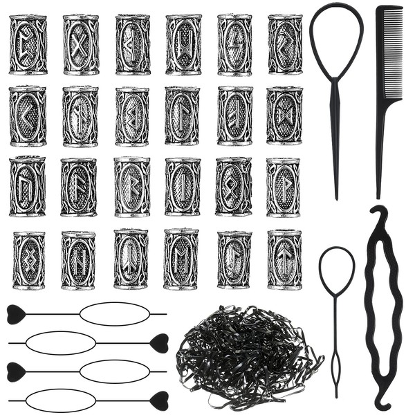 24 Piece Norse Vikings Runes Hair Beard Beads for Bracelets Necklace Accessories DIY Includes 7 Pieces Pull Hair Pin Quick Beader Hair Tool and Black Rubber Bands for Women Men
