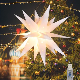 FUCHSUN Moravian Star Pendant Light Christmas Hanging Light Warm White PVC Paper Lantern Tree Topper USB Operated for Home Decoration (11.8 Inches)