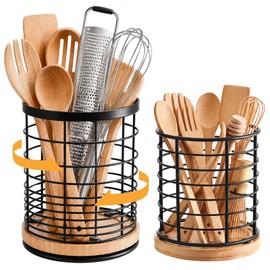 360° Rotating Kitchen Utensil Holder Set of 2, Large & Small Bamboo Metal Utensil Crock for Countertop, Spatula Spoon Ladle & Cooking Tool Organizer with Rotating Base, Farmhouse Kitchen Accessories