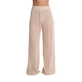 Gottex Women's Standard Life Anna Two Open-Knit Crochet Textured Beach Cover-up Pants, Drawstring Waist, Beige