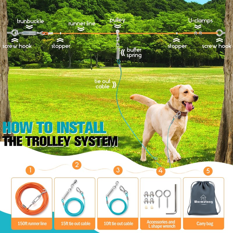 Upgraded Heavy Duty Dog Trolley System - 150ft with 10ft