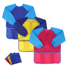 YiliYa 3 Pieces Painting Aprons for Kids, Art Aprons, Waterproof Kids Artist Painting Mocks with Long Sleeves, Pockets for Age 2-8 Years (Pink, Yellow and Blue), ['pink', 'yellow', 'blue']
