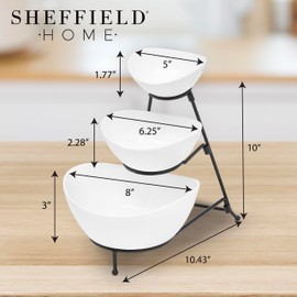 Sheffield Home 3-Tier Serving Set: White Stoneware Oval Bowls on a Collapsible Black Metal Stand - Great for Entertaining, Desserts, Candy, Chip and Dip. Elevate your party with stylish convenience.