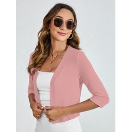 Heymoments Women's Thin Shrugs for Dresses Pink Large Open Front Knit 3/4 Sleeve Lightweight Coat Cropped Tops Shawls and Wraps Cardigan Dressy Sweater Clothes
