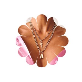 Allereya Punk Layered Lock Necklace Padlock Pendant Necklace Gold Lock Key Necklace Curb Chain Necklace Jewellery for Women and Girls Gift (Gold)
