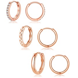 Cangall Hoop Earrings 925 Silver Small, 3 Pairs 925 Sterling Silver Hoop Earrings Set, Women's Hoop Earrings, 12 mm Unisex Sleeping Hoop Earrings for Men and Women, Silver/Rose Gold/Gold, Cubic