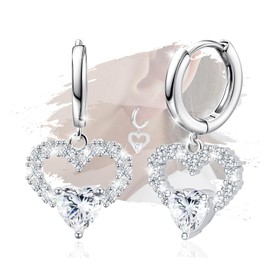 Sterling Silver Dangle Hoop Earrings Charms Lover Heart with White Plated CZ Love Heart Hypoallergenic Fashion Jewelry for Sensitive Ears Dainty Birthday Gift for Women