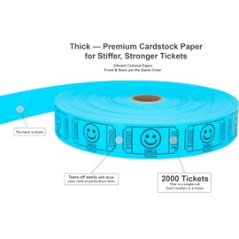 Tacticai 2000 Raffle Tickets, Smile, Blue (8 Color Selection), Single Roll, Ticket for Events, Entry, Class Reward, Fundraiser & Prizes