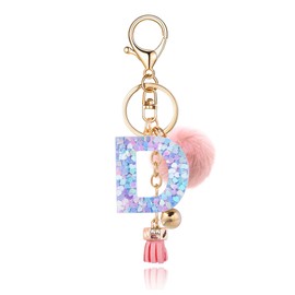 QUKE Alphabet Initial Letter Keychain for Women Girls Resin Keyring for Purse School Bag With Pink Fur Ball Pom - D