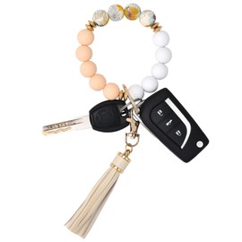 BAOSIWA Silicone Beaded Bracelet Keychain Beige Yellow Flower Wristlet Key Ring Bangle Chains Christmas Gifts for Women Girls with Leather Tassel