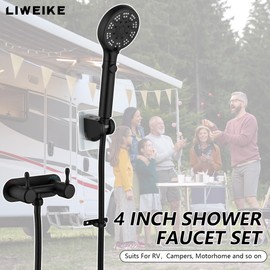 LIWEIKE RV Shower Faucet, Matte Black 4" RV Shower Faucet Set with Hose and 6 Modes Head All Mental 4" RV Outdoor for Travel Trailer, Camper, Motorhome