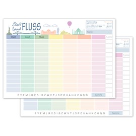 PICTALOO City Country River Game Pad Blank, Game Pad for Filling in for Family, Adults, Children, Pad DIN A5 with 50 Pages, City Country Game with 4 Free Themes, Travel Game, Family Game