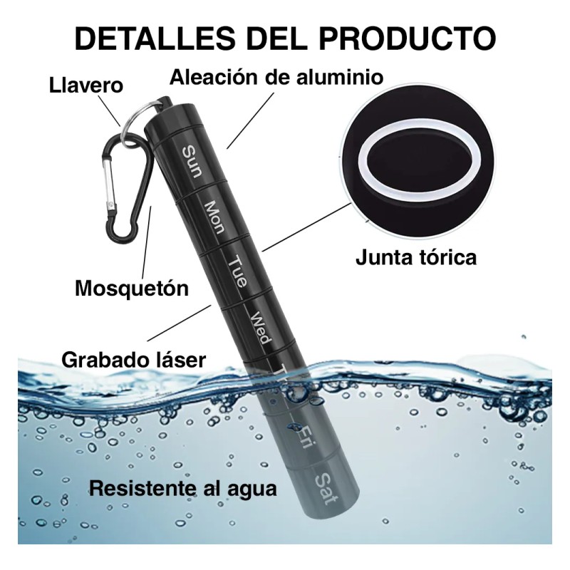 Pastillero Semanal Y Diario Portátil Hermético Color Negro