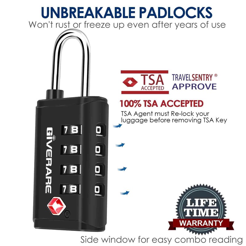 4 Pack TSA Approved Travel Luggage Locks 4-Digit, Open Alert