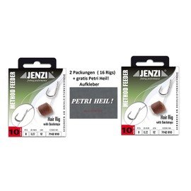 Set: 2 Pack (16 Rigs) Method Feeder Hair Rig by Jenzi with Rubber Band/Quick Stop, Hook Size 8, 10, 12 - Length 12 cm + Free Petri Heil! Sticker (Quickstop Hook Size 10)