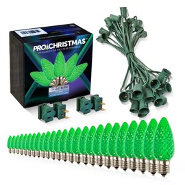 Pro Christmas C9 LED Christmas Lights Kit for Rooflines & Pathways – Cut to Length, Heavy Duty Commercial Grade (Green Wire w/Vampire Plugs, 25 Bulbs, 25 ft) Green
