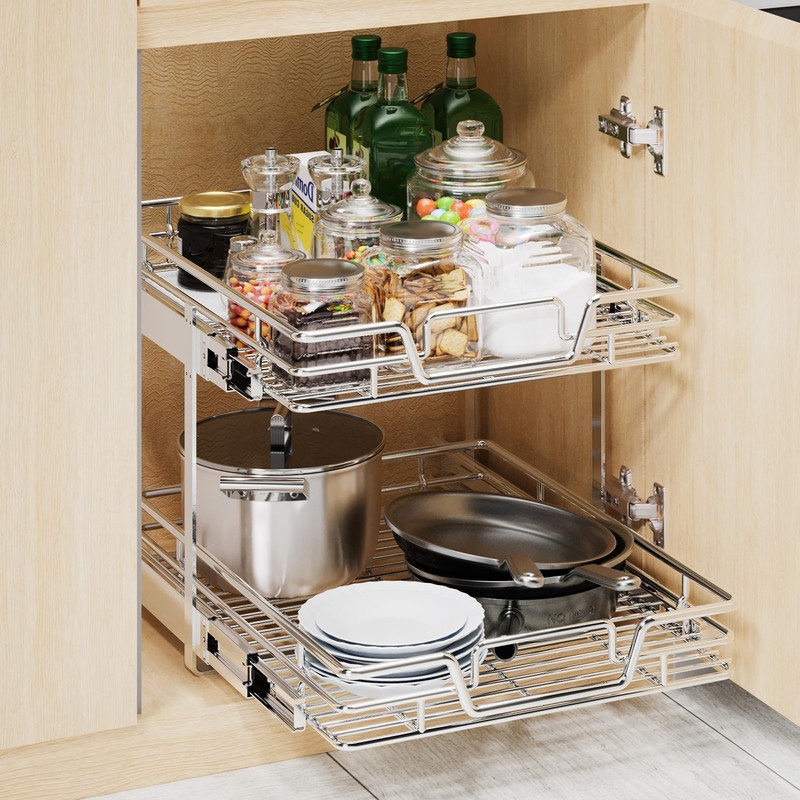 QUYUWU 2-Tier Kitchen Cabinet Pull Out Cabinet Organizer,Shelf and Drawer