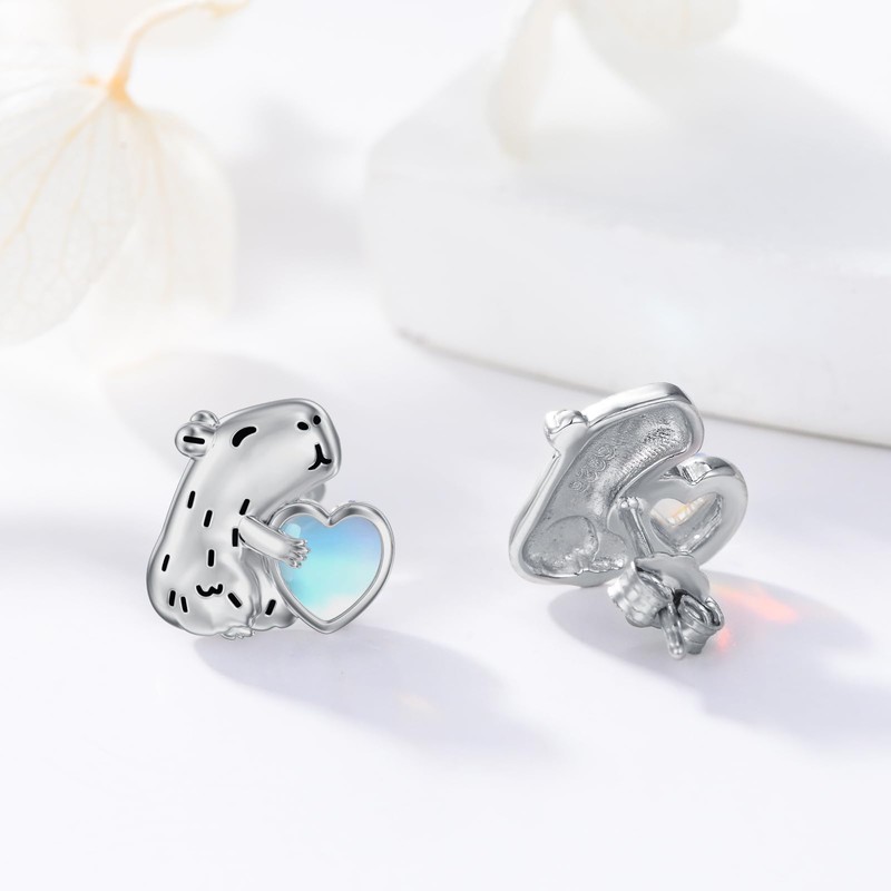 MONGAS Capybara Earrings 925 Sterling Silver Moonstone Capybara Stud Earrings